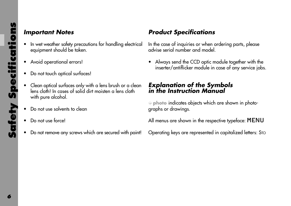 Important notes, Product specifications, Symbols | Safety specifications | ARRI 535B User Manual | Page 6 / 108