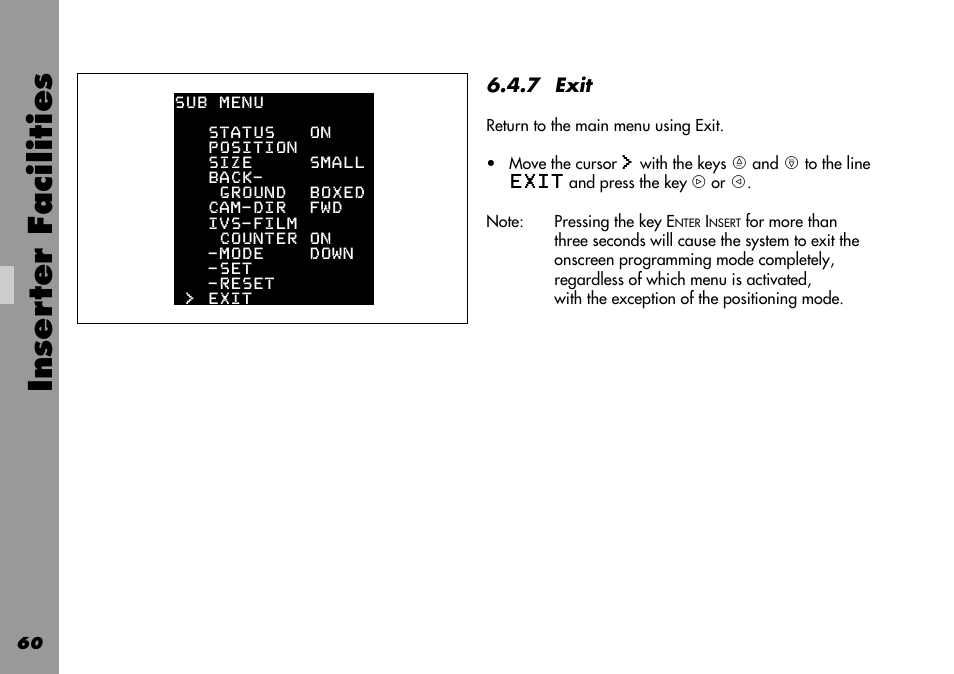 Exit, 5 time code menu, Inser ter facilities | ARRI 535B User Manual | Page 60 / 108