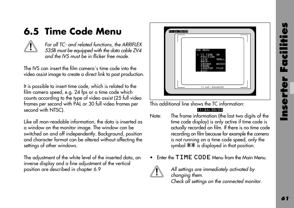 5 time code menu, Frame information, Time code | Time code menu, Inser ter facilities | ARRI 535B User Manual | Page 61 / 108