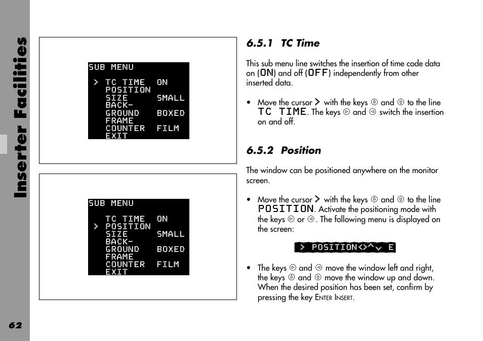 Tc time, Position, Inser ter facilities | ARRI 535B User Manual | Page 62 / 108