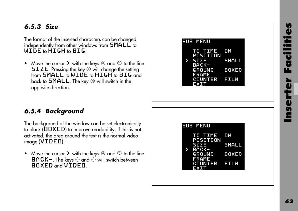 Background, Size, Inser ter facilities | ARRI 535B User Manual | Page 63 / 108