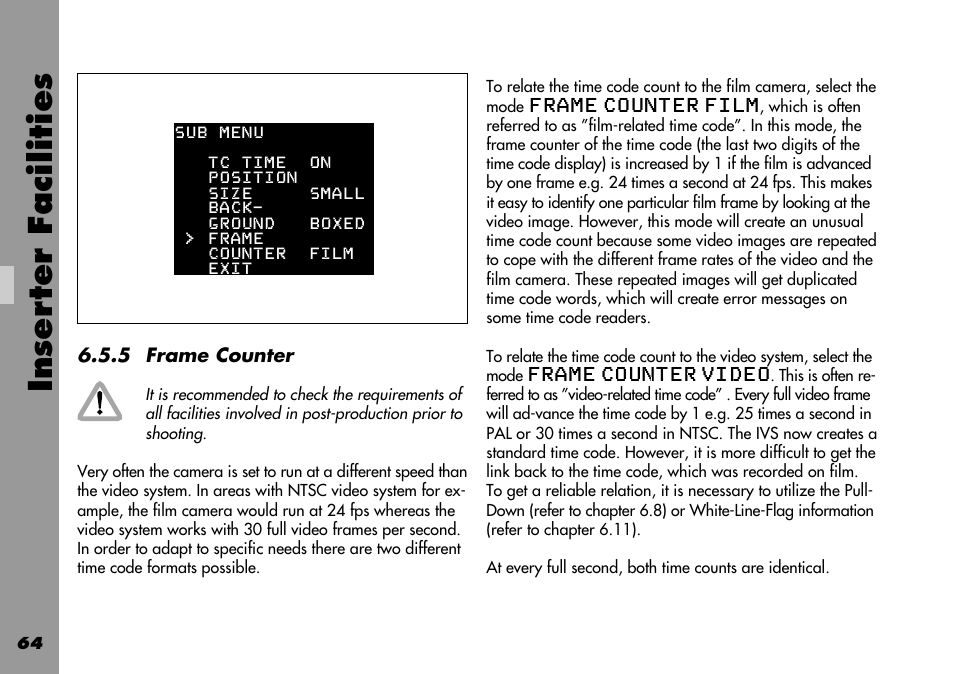 Different speed between video and film, Film related time code, Frame counter | Frame counter film, Frame counter video, General, Repeated video images, Film related, Video related, Video related time code | ARRI 535B User Manual | Page 64 / 108