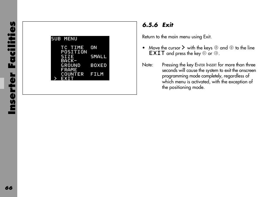 Exit, 6 user bits menu, Inser ter facilities | ARRI 535B User Manual | Page 66 / 108