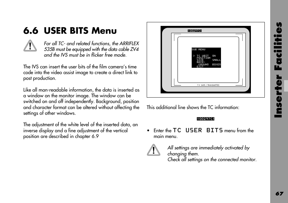 6 user bits menu, User bits, User bits menu | Inser ter facilities | ARRI 535B User Manual | Page 67 / 108