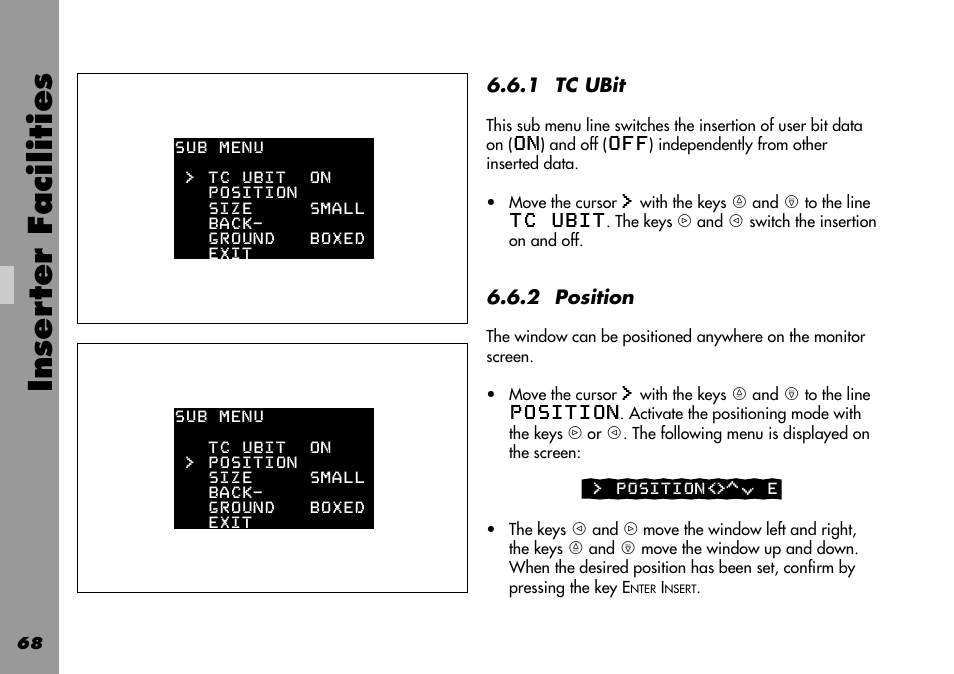 Tc ubit, Position, Inser ter facilities | ARRI 535B User Manual | Page 68 / 108