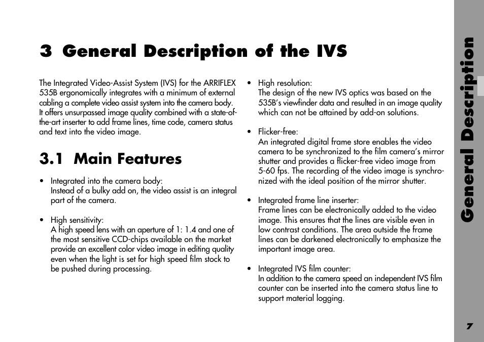 3 general description of the ivs, 1 main features, Features | General description, Main features, General description of the ivs | ARRI 535B User Manual | Page 7 / 108