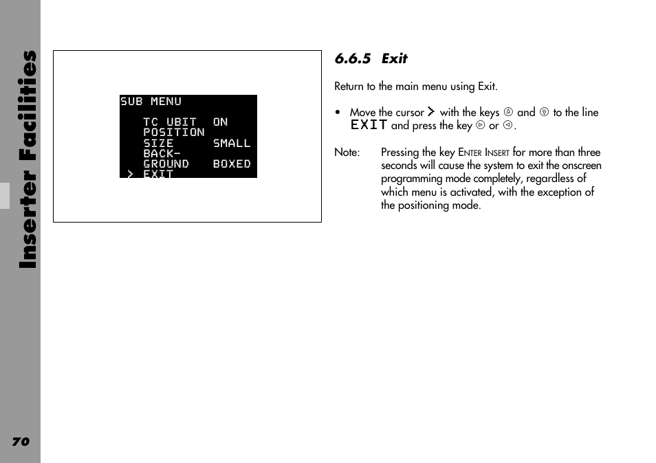 Exit, 7 text menu, Inser ter facilities | ARRI 535B User Manual | Page 70 / 108