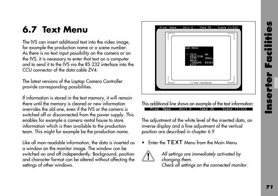 7 text menu, Text, Rs 232 interface | Text menu, Inser ter facilities | ARRI 535B User Manual | Page 71 / 108