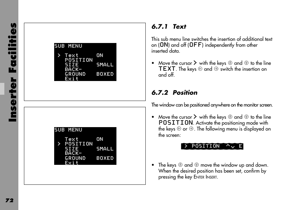 Position, Text, Inser ter facilities | ARRI 535B User Manual | Page 72 / 108