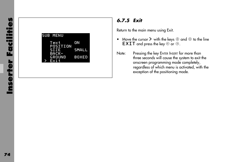 Exit, 8 pull-down menu, Inser ter facilities | ARRI 535B User Manual | Page 74 / 108