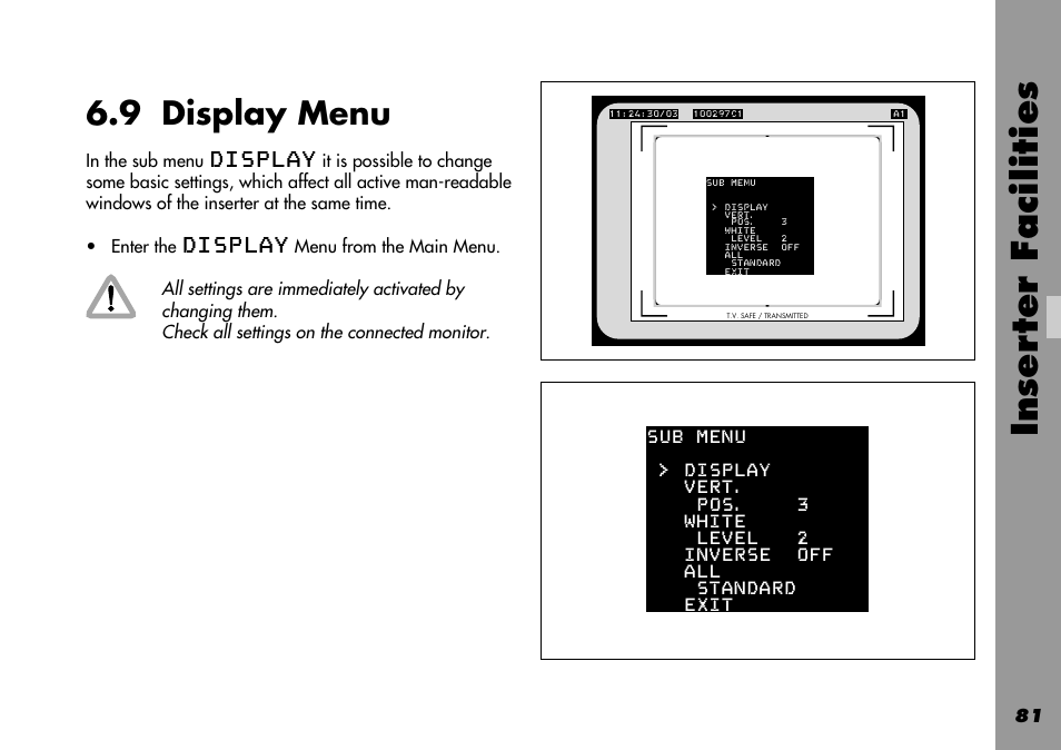 9 display menu, General, Display | Inser ter facilities | ARRI 535B User Manual | Page 81 / 108