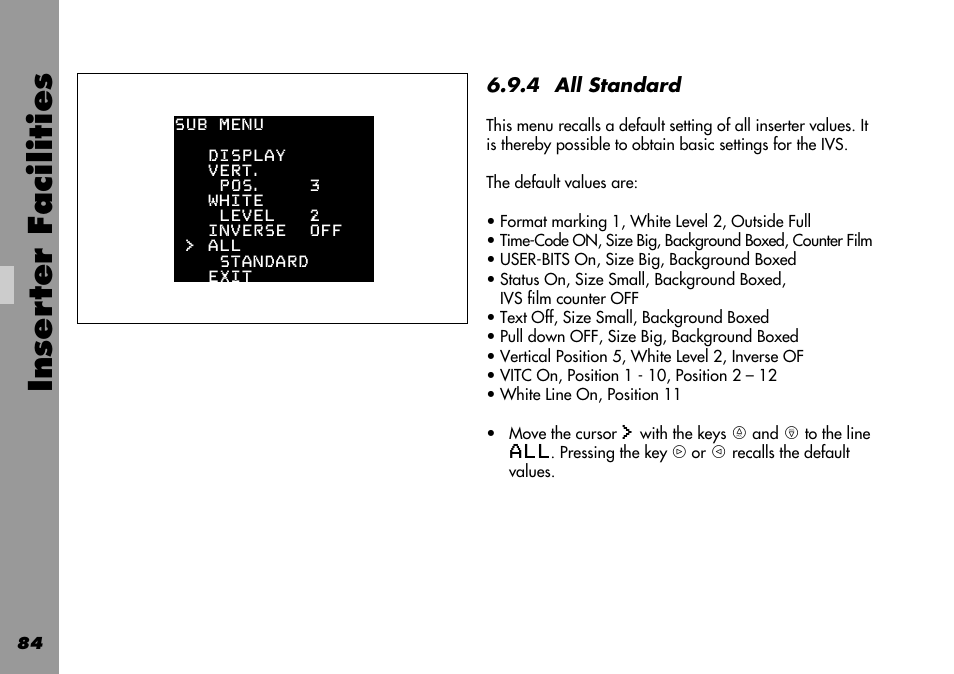 All standard, Inser ter facilities | ARRI 535B User Manual | Page 84 / 108