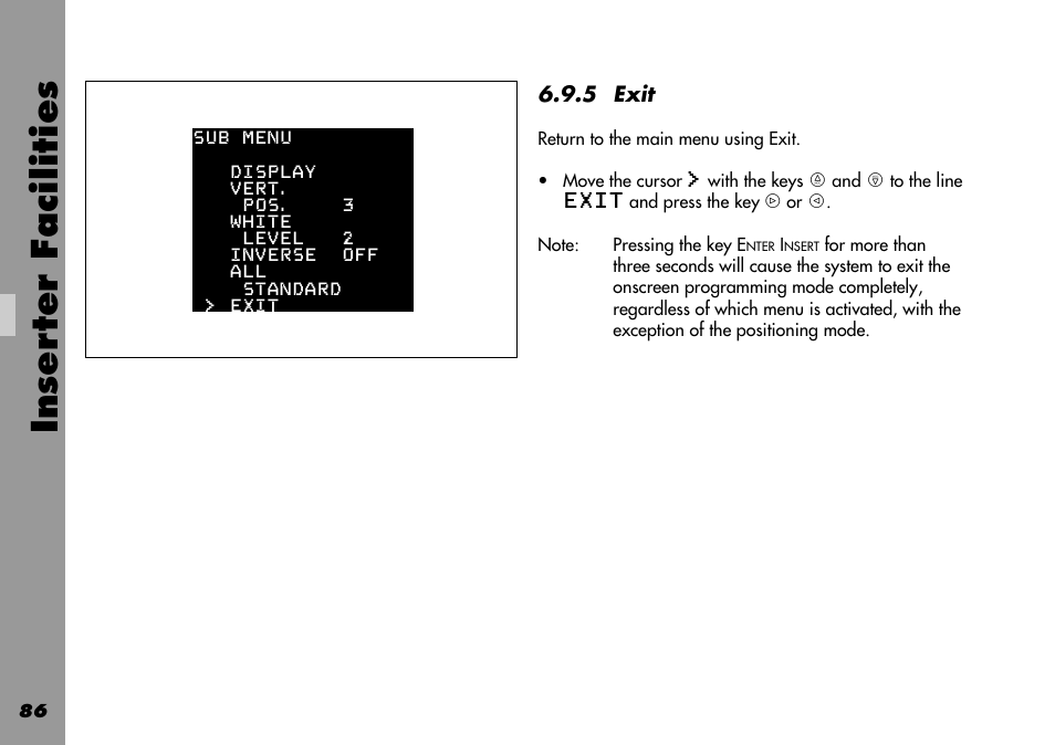 Exit, 10 vitc line menu, Inser ter facilities | ARRI 535B User Manual | Page 86 / 108