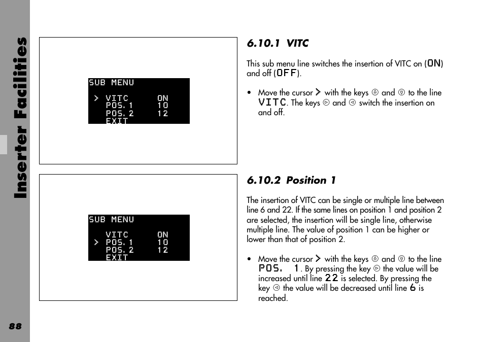 Position 1, Vitc menu, Vitc | Inser ter facilities | ARRI 535B User Manual | Page 88 / 108