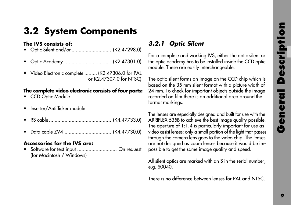 2 system components, Academy optic, Accessories | Data cable zv4, System components, Components, Macintosh, General, Silent format, Silent optic | ARRI 535B User Manual | Page 9 / 108