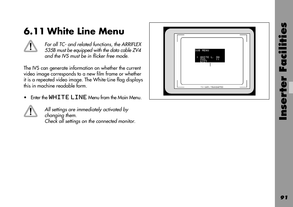 11 white line menu, White line, General | Inser ter facilities | ARRI 535B User Manual | Page 91 / 108