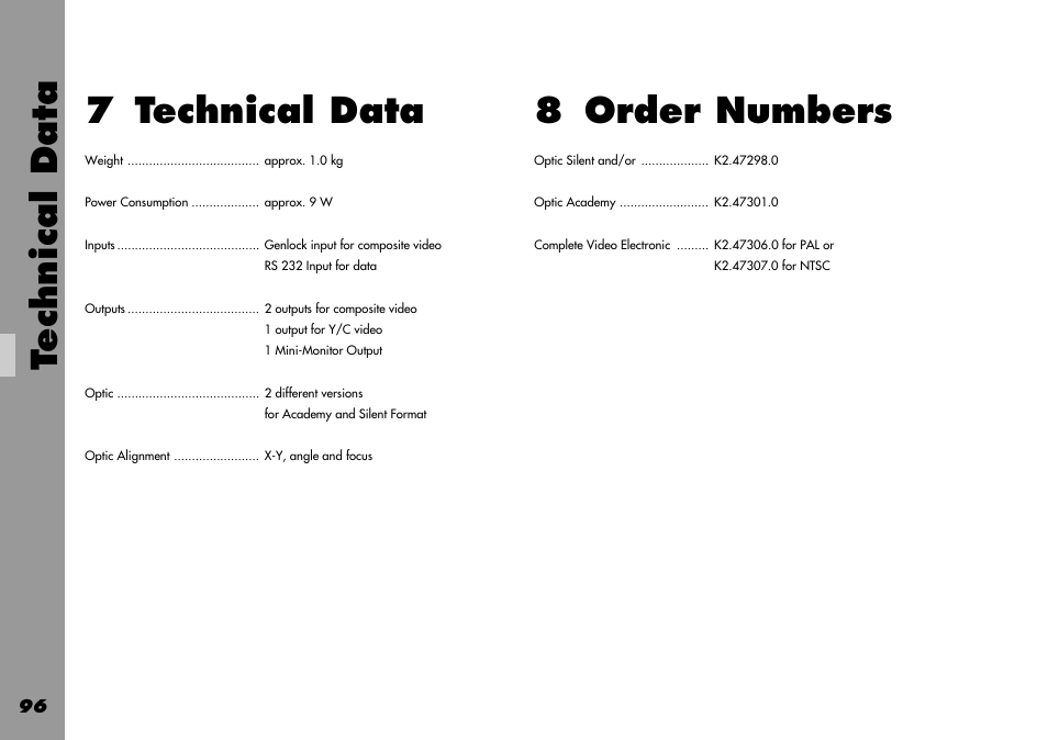 7 technical data, 8 order numbers, Order numbers | Power consumption, Technical data, General, Weight, Index, Arri service | ARRI 535B User Manual | Page 96 / 108