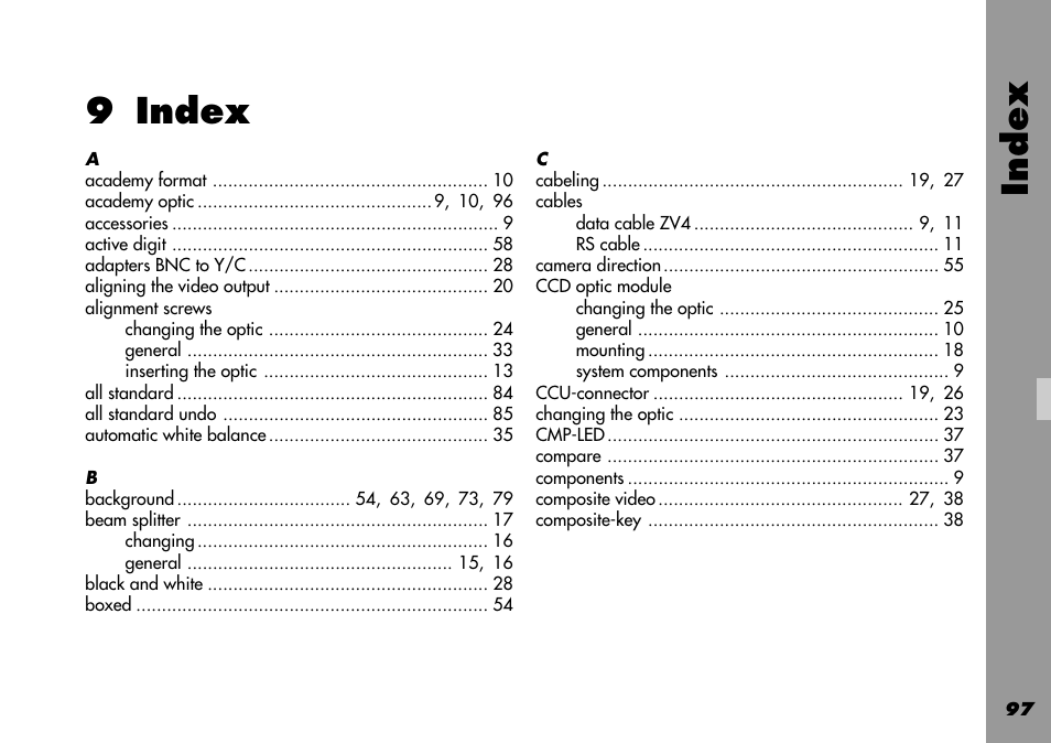 9 index, Alignment screws, Cables | Ccd optic module, Index 9 index | ARRI 535B User Manual | Page 97 / 108