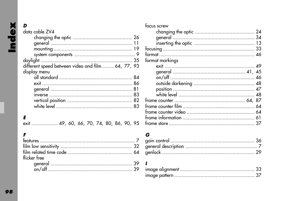 Data cable zv4, Display menu, Flicker free | Focus screw, Format markings, Index | ARRI 535B User Manual | Page 98 / 108