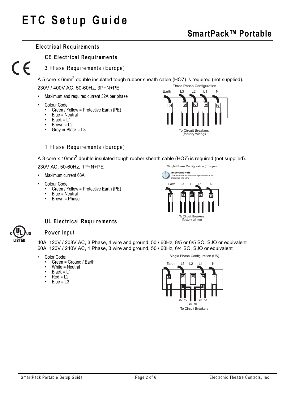 Electrical requirements, Ce electrical requirements, 3 phase requirements (europe) | 1 phase requirements (europe), Ul electrical requirements, Power input, Smartpack™ portable | ETC SmartPack Portable Pack Setup Guide User Manual | Page 2 / 6