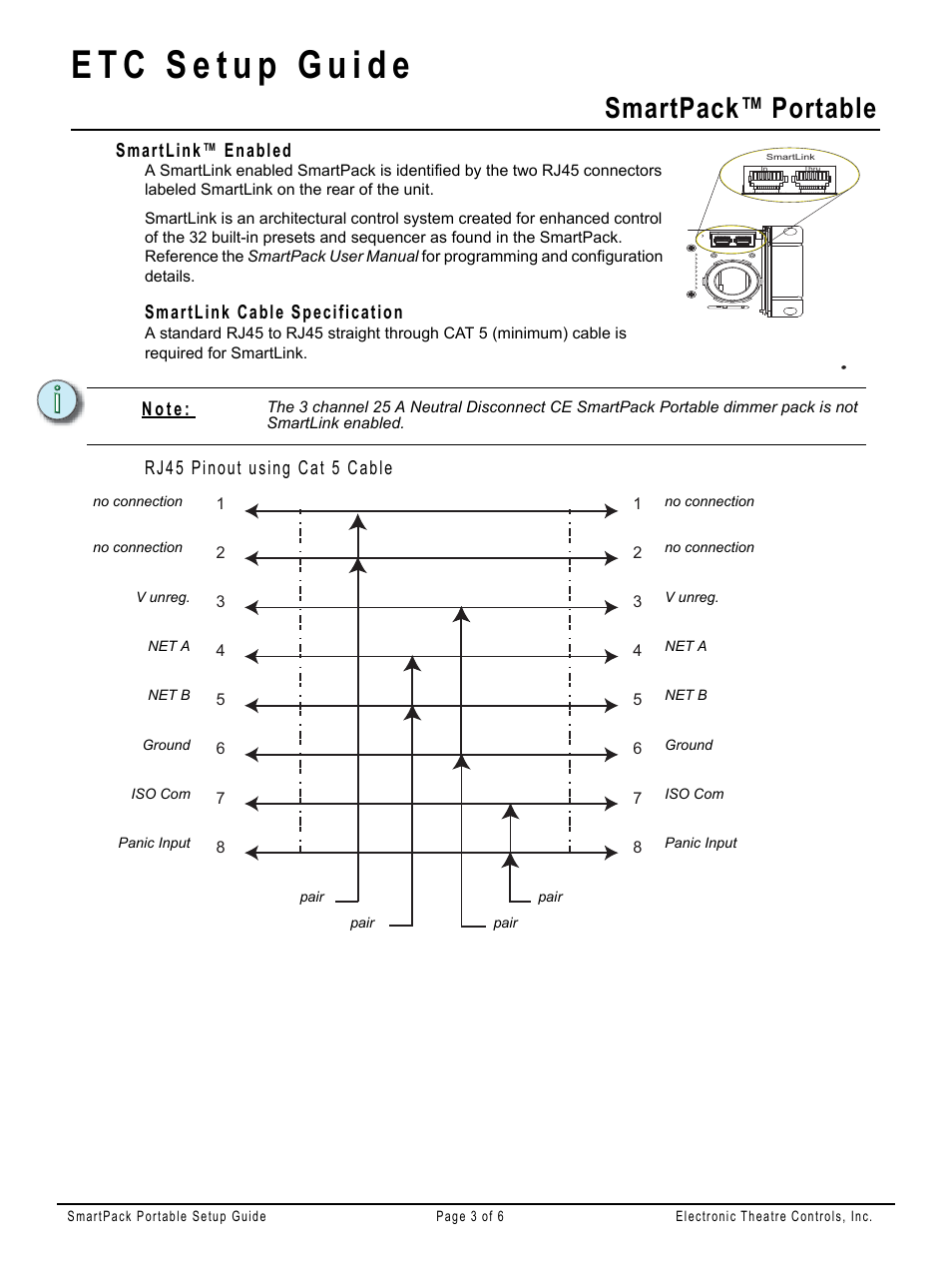 Smartlink cable specification, Rj45 pinout using cat 5 cable, Smartpack™ portable | Smartlink™ enabled | ETC SmartPack Portable Pack Setup Guide User Manual | Page 3 / 6