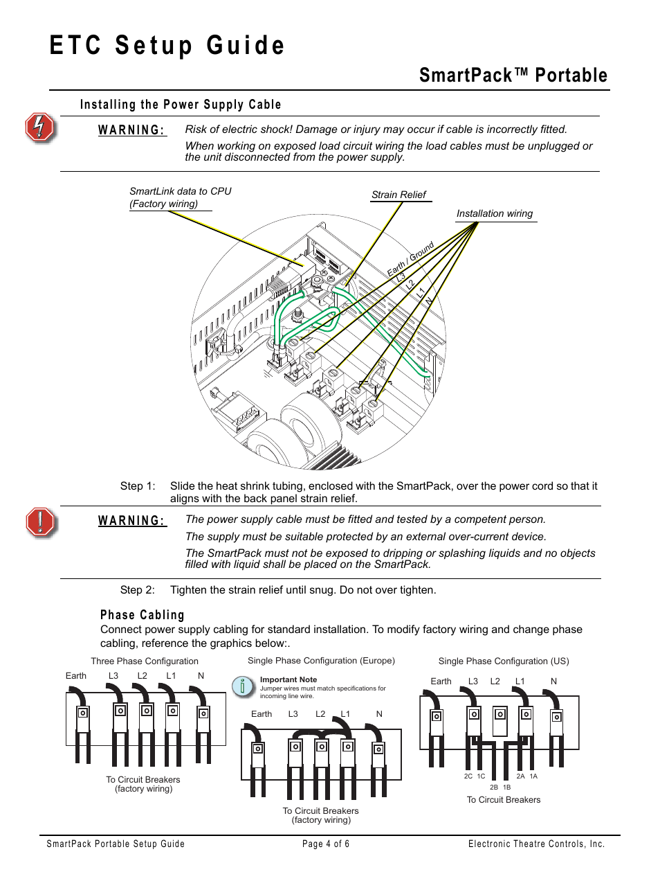 Phase cabling, Smartpack™ portable, Installing the power supply cable | ETC SmartPack Portable Pack Setup Guide User Manual | Page 4 / 6