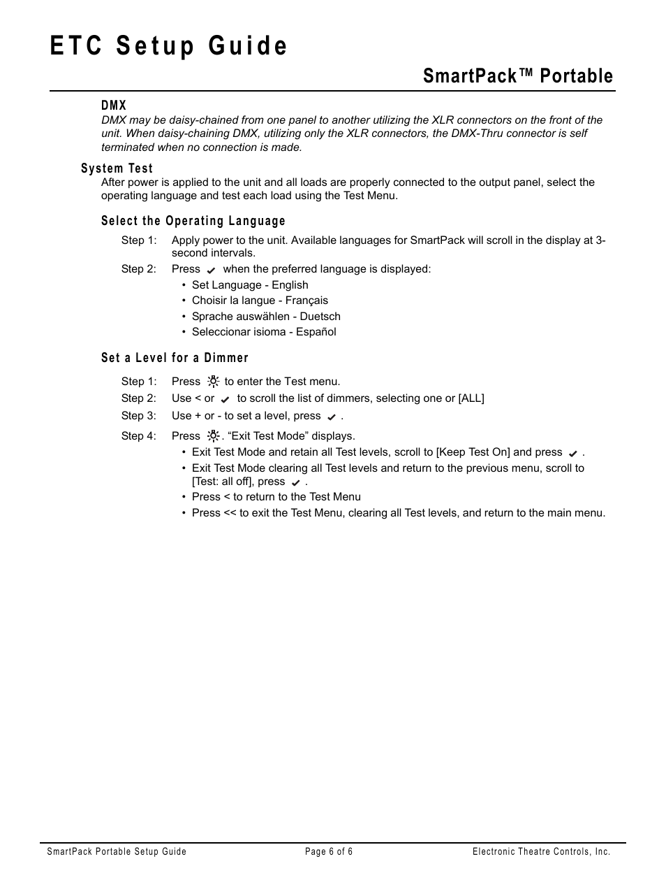 System test, Select the operating language, Set a level for a dimmer | Smartpack™ portable | ETC SmartPack Portable Pack Setup Guide User Manual | Page 6 / 6