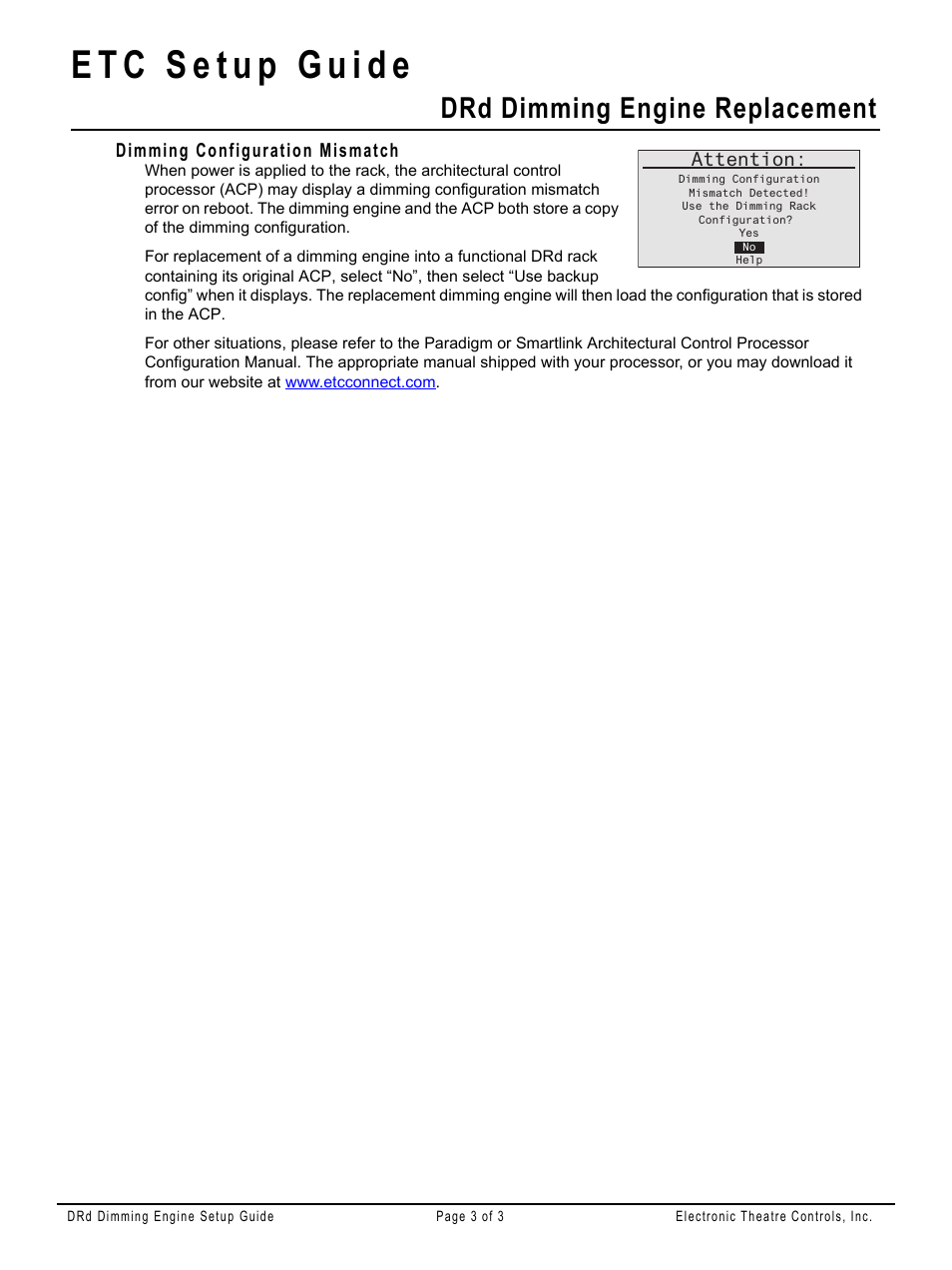 Dimming configuration mismatch, Drd dimming engine replacement | ETC Unison DRd Dimming Engine Replacement User Manual | Page 3 / 3