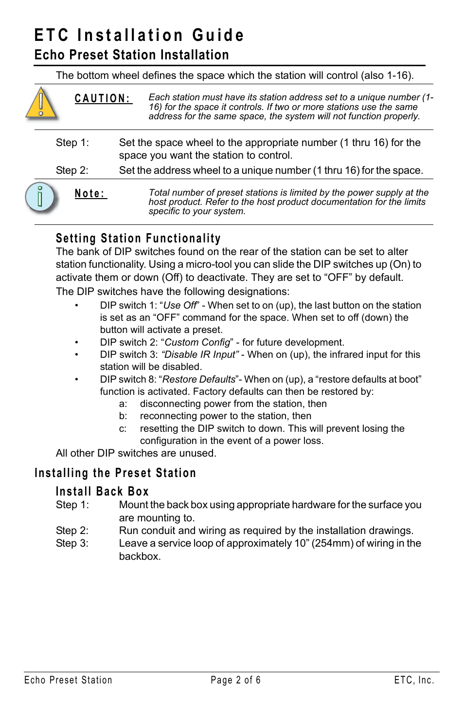 Setting station functionality, Installing the preset station, Install back box | Echo preset station installation, Installing the preset station install back box | ETC Unison Echo Preset Station User Manual | Page 2 / 8
