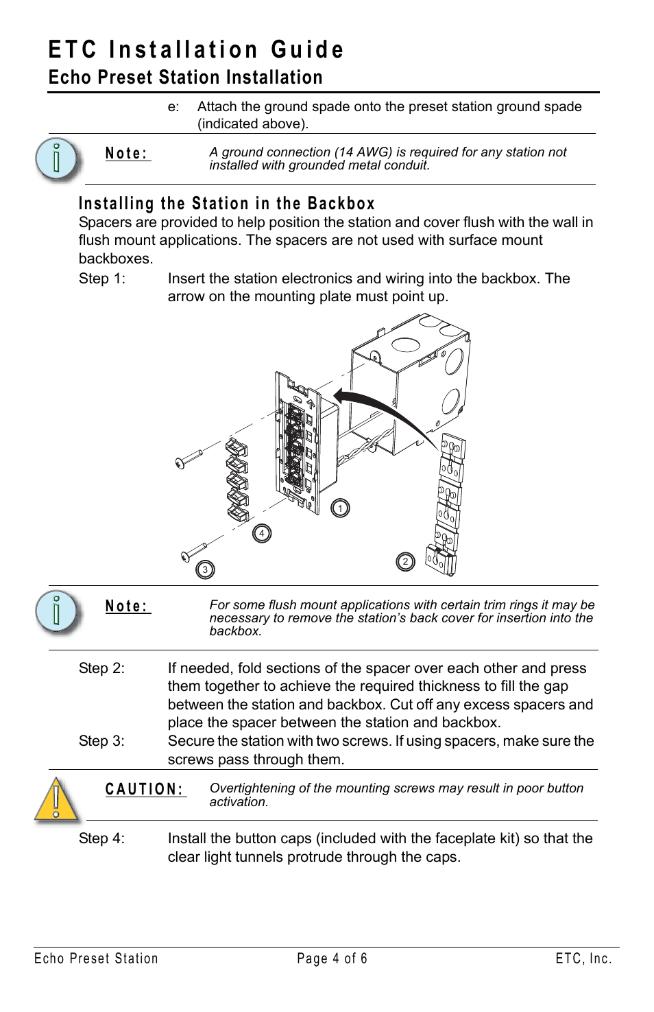 Installing the station in the backbox, Echo preset station installation | ETC Unison Echo Preset Station User Manual | Page 4 / 8