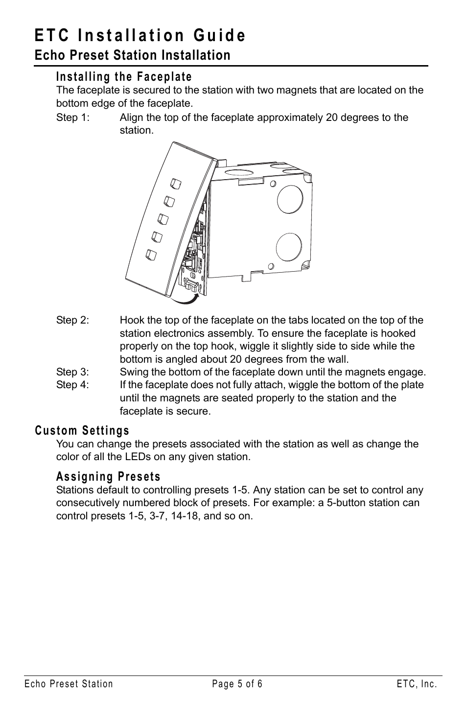 Installing the faceplate, Custom settings, Assigning presets | Echo preset station installation | ETC Unison Echo Preset Station User Manual | Page 5 / 8