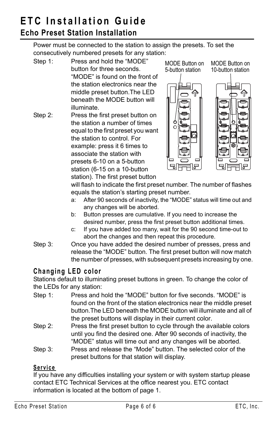 Changing led color, Service, Echo preset station installation | ETC Unison Echo Preset Station User Manual | Page 6 / 8