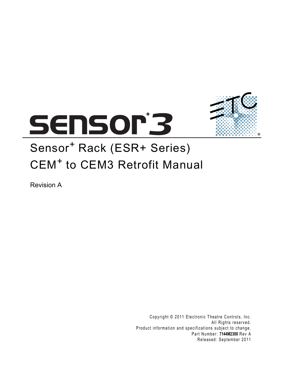 ETC Sensor+ CE Rack (ESR+) CEM+ to CEM3 Retrofit User Manual | 20 pages