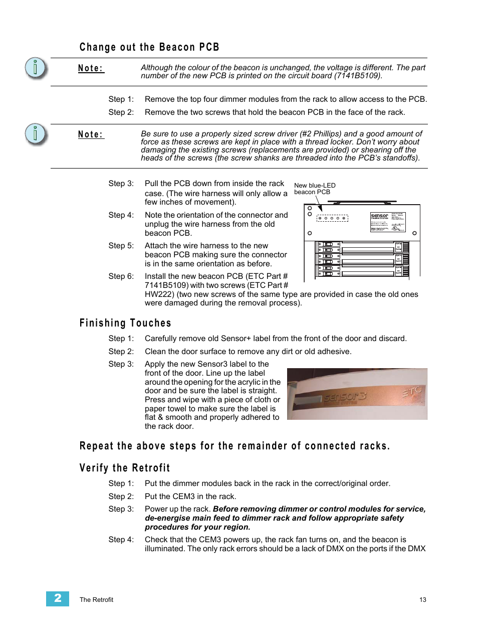 Change out the beacon pcb, Finishing touches, Verify the retrofit | Replace, N o t e | ETC Sensor+ CE Rack (ESR+) CEM+ to CEM3 Retrofit User Manual | Page 15 / 20