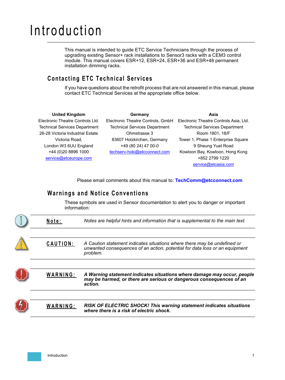 Introduction, Contacting etc technical services, Warnings and notice conventions | ETC Sensor+ CE Rack (ESR+) CEM+ to CEM3 Retrofit User Manual | Page 3 / 20
