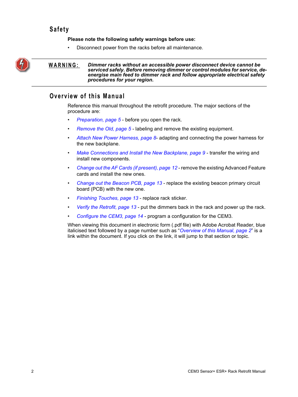 Safety, Overview of this manual | ETC Sensor+ CE Rack (ESR+) CEM+ to CEM3 Retrofit User Manual | Page 4 / 20