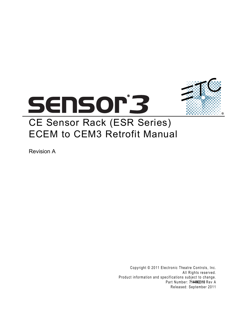 ETC Sensor CE Rack (ESR) ECEM to CEM3 Retrofit User Manual | 16 pages