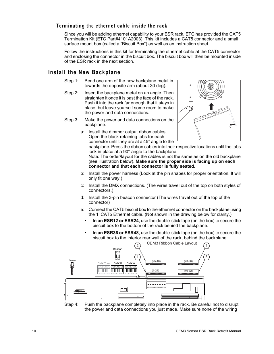 Install the new backplane, Terminating the ethernet cable inside the rack | ETC Sensor CE Rack (ESR) ECEM to CEM3 Retrofit User Manual | Page 12 / 16