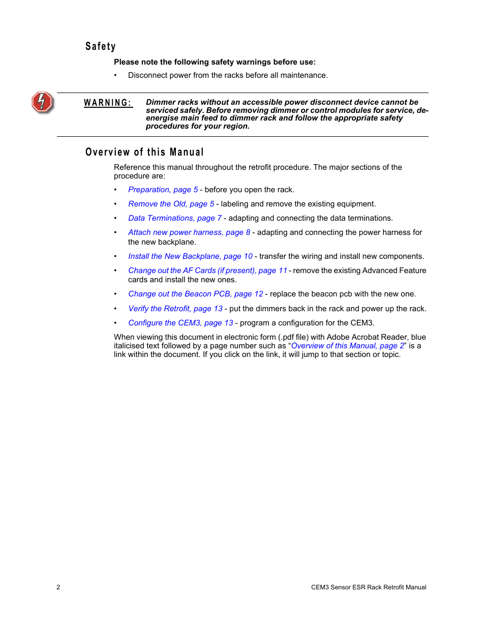 Safety, Overview of this manual | ETC Sensor CE Rack (ESR) ECEM to CEM3 Retrofit User Manual | Page 4 / 16