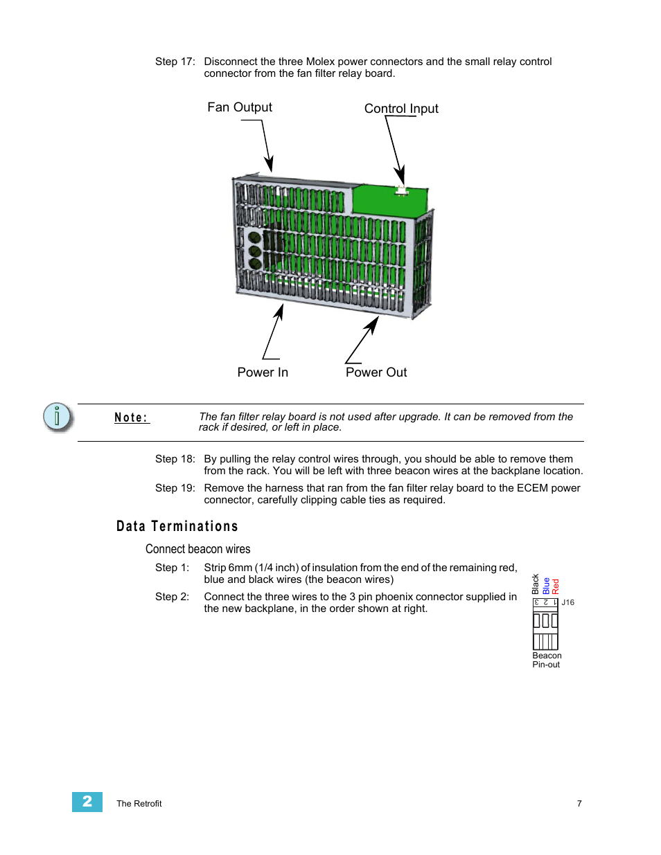 Data terminations, Connect beacon wires, N o t e | Power in power out fan output control input | ETC Sensor CE Rack (ESR) ECEM to CEM3 Retrofit User Manual | Page 9 / 16