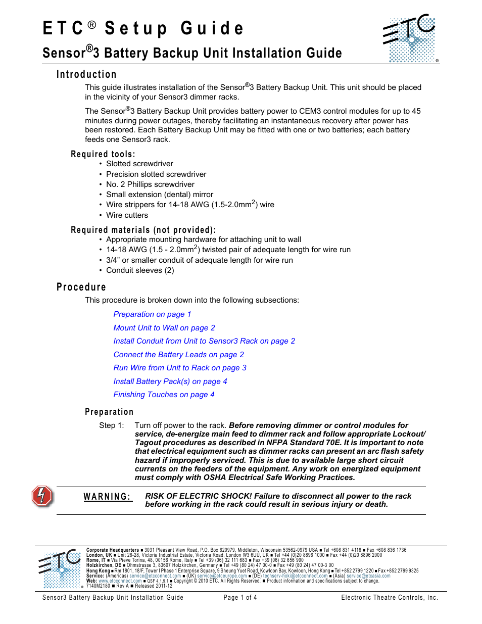 ETC Sensor3 Battery Backup Unit User Manual | 4 pages