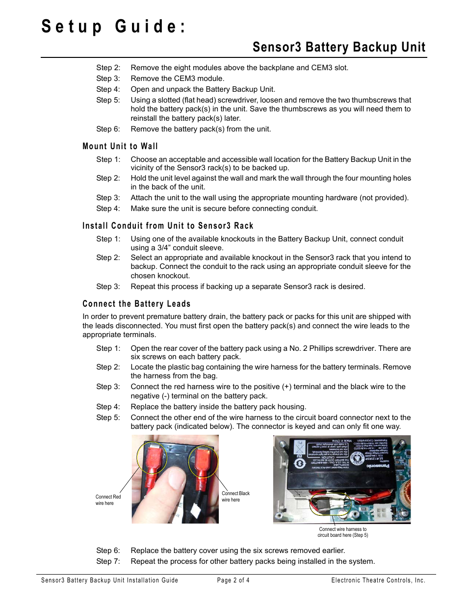 Mount unit to wall, Install conduit from unit to sensor3 rack, Connect the battery leads | Sensor3 battery backup unit | ETC Sensor3 Battery Backup Unit User Manual | Page 2 / 4