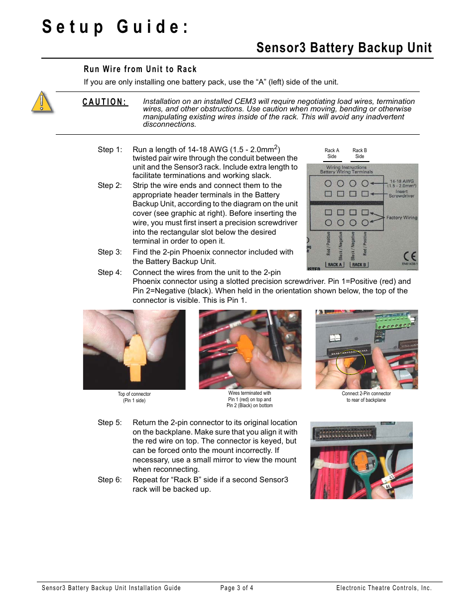 Run wire from unit to rack, Sensor3 battery backup unit | ETC Sensor3 Battery Backup Unit User Manual | Page 3 / 4