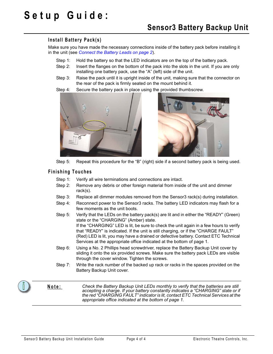 Install battery pack(s), Finishing touches, Sensor3 battery backup unit | ETC Sensor3 Battery Backup Unit User Manual | Page 4 / 4