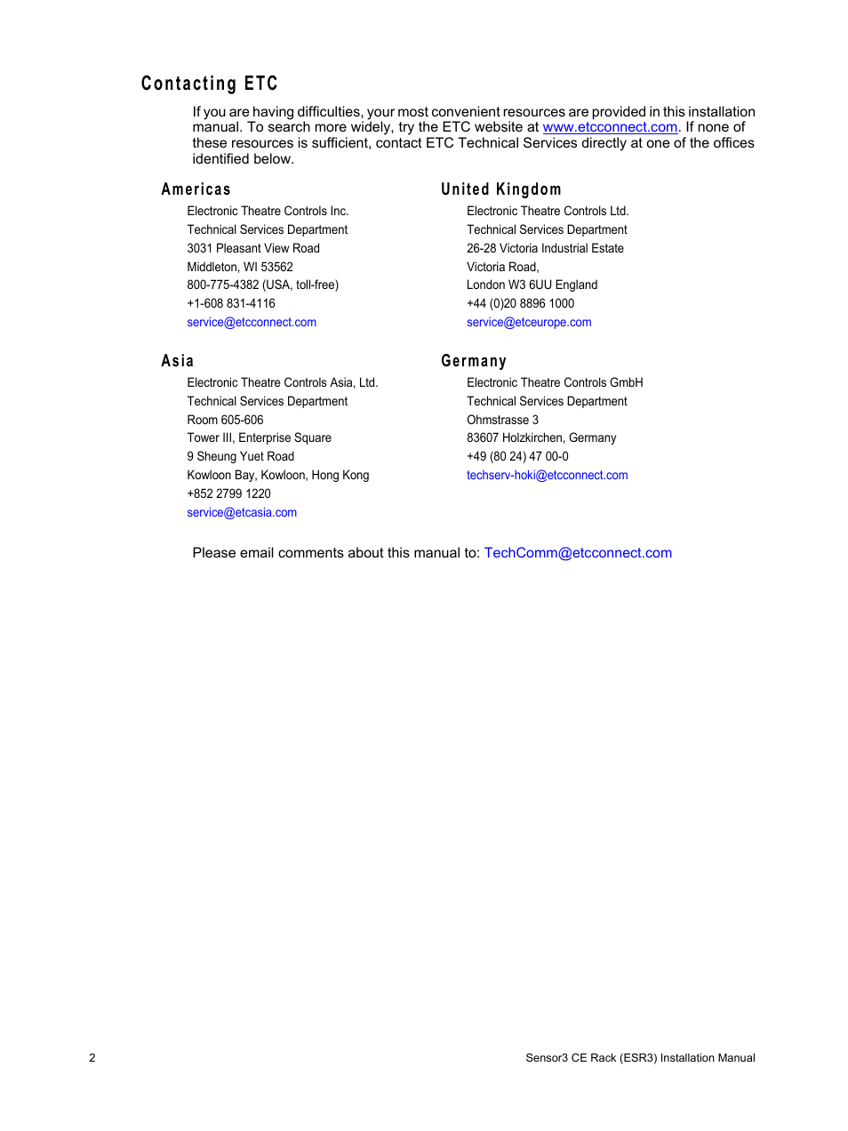 Contacting etc, Americas united kingdom, Asia germany | ETC Sensor3 CE (ESR3) Rack User Manual | Page 10 / 48