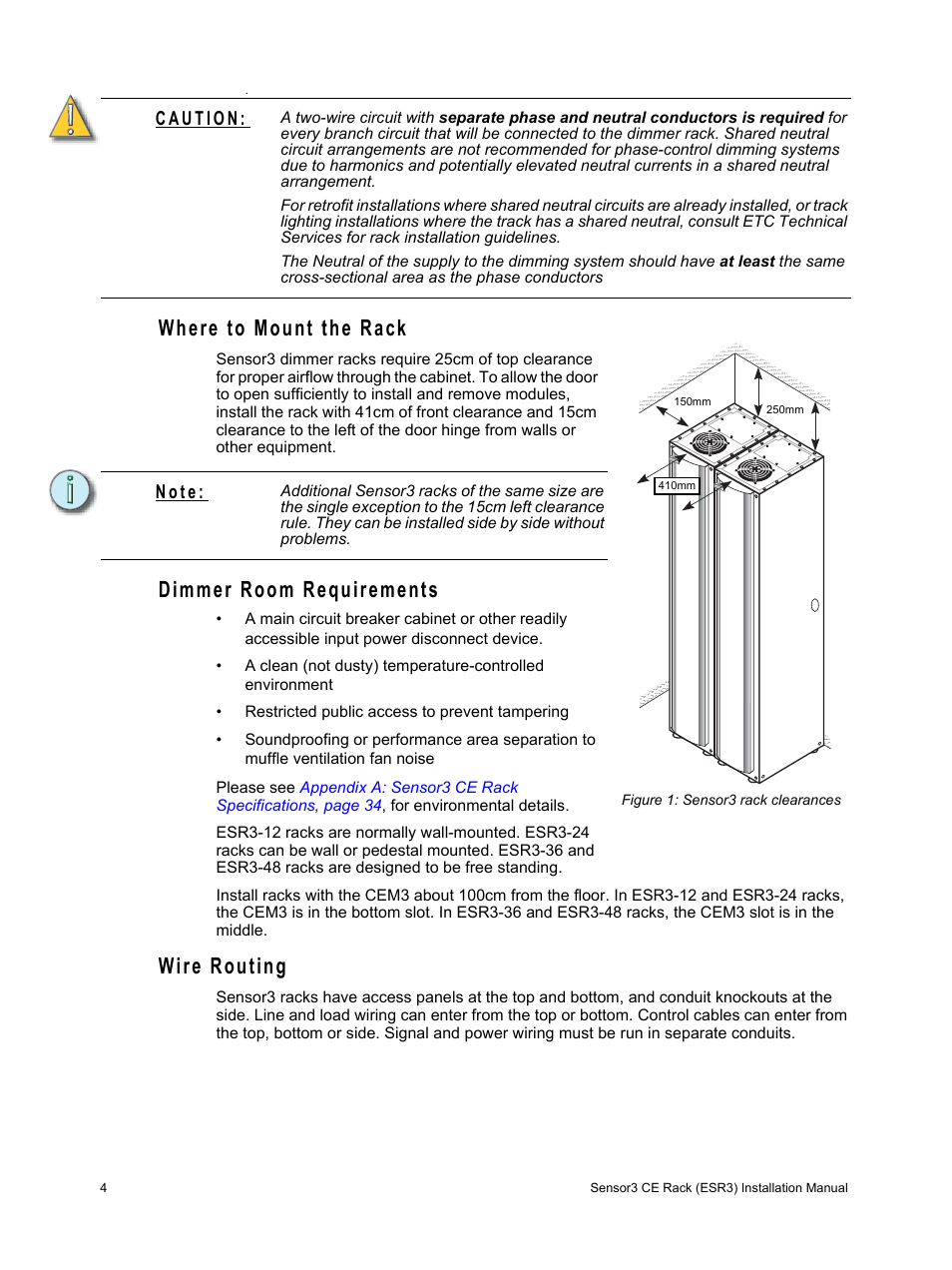 Where to mount the rack, Dimmer room requirements, Wire routing | N o t e | ETC Sensor3 CE (ESR3) Rack User Manual | Page 12 / 48