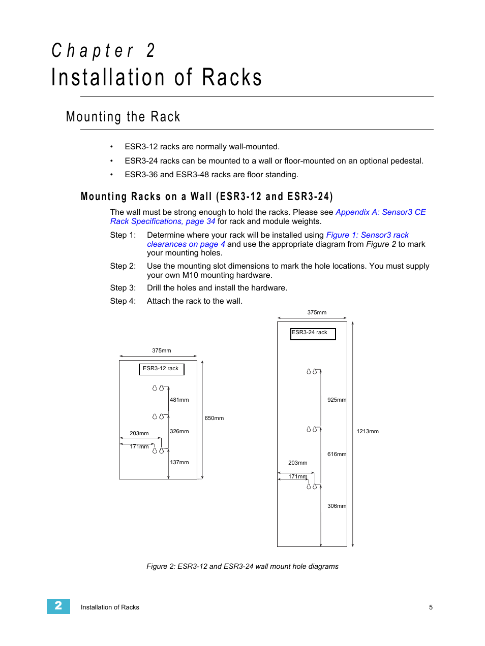 Installation of racks, Mounting the rack, Mounting racks on a wall (esr3-12 and esr3-24) | Tells yo | ETC Sensor3 CE (ESR3) Rack User Manual | Page 13 / 48