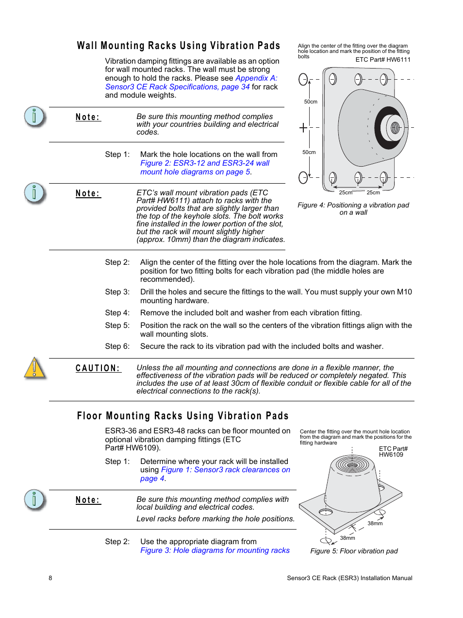 Wall mounting racks using vibration pads, Floor mounting racks using vibration pads, N o t e | ETC Sensor3 CE (ESR3) Rack User Manual | Page 16 / 48