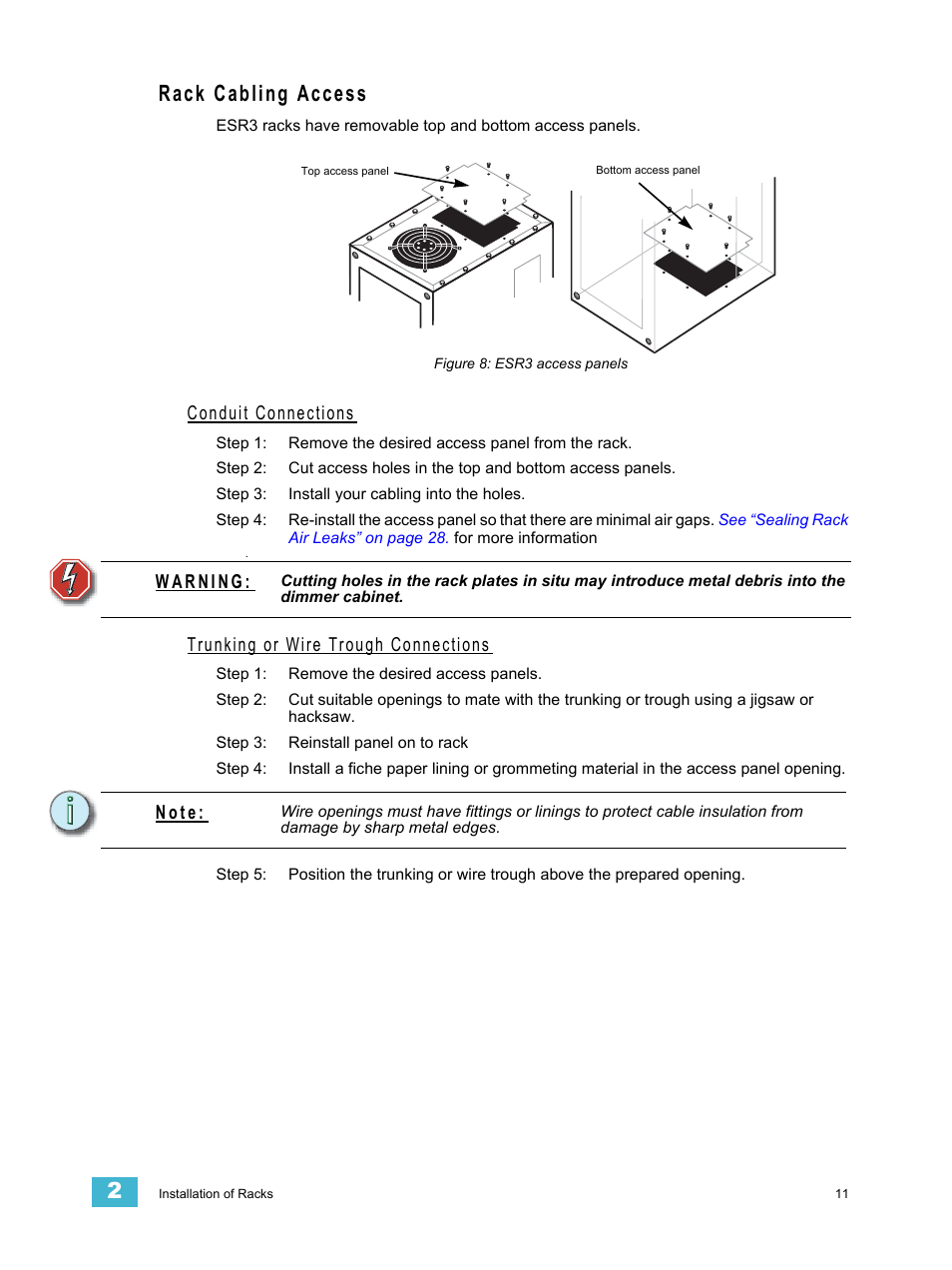 Rack cabling access, Conduit connections, Trunking or wire trough connections | N o t e | ETC Sensor3 CE (ESR3) Rack User Manual | Page 19 / 48