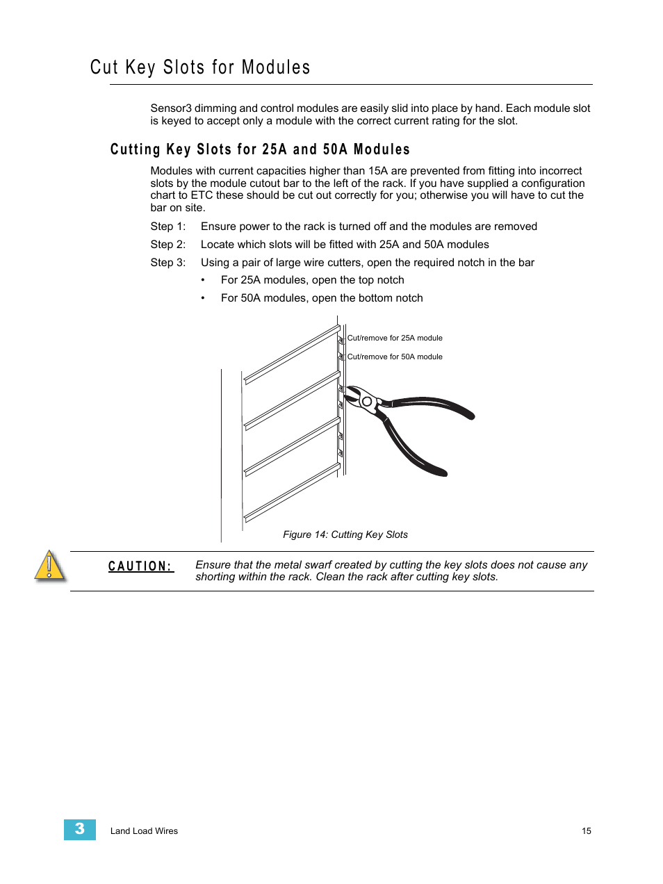 Cut key slots for modules, Cutting key slots for 25a and 50a modules | ETC Sensor3 CE (ESR3) Rack User Manual | Page 23 / 48